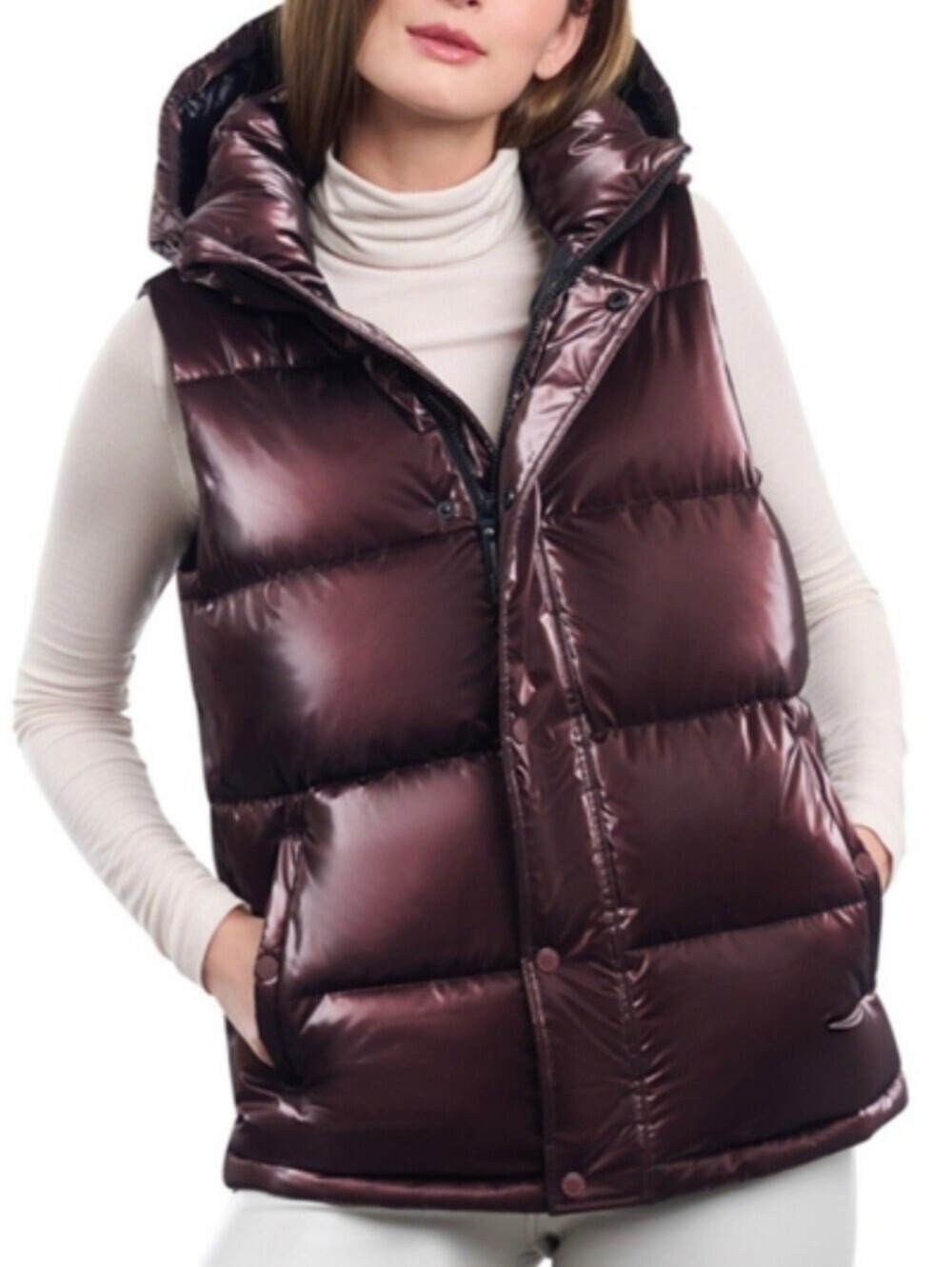 NWT BCBGeneration Metallic Liquid Raisin Puffer Vest with Removable Hood size XL